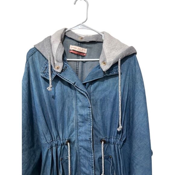 Anthropologie Pilcro Button Front Removable Hood Denim Kimono Jacket Blue Medium - Picture 2 of 12